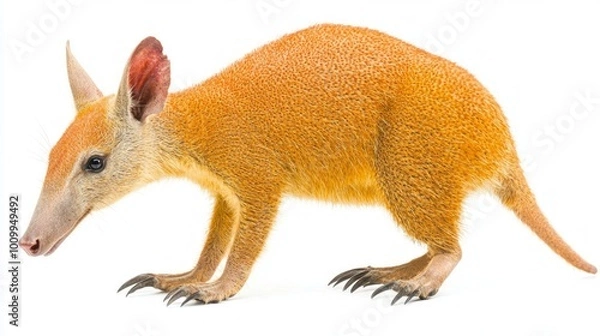 Fototapeta aardvark stands confidently, showcasing its long snout and sharp claws. Its vibrant fur contrasts beautifully with the stark white backdrop, highlighting its unique features.