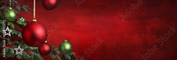 Fototapeta Red Christmas background banner with hanging baubles and stars
as decoration on the branches of a fir tree. Beautiful handmade texture, vignetted and empty as copy space.  
