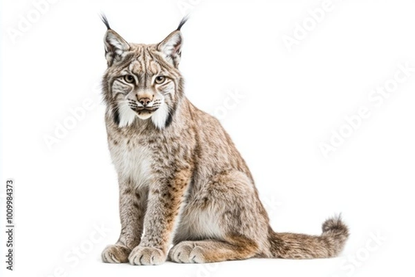 Fototapeta captivating lynx sits confidently, its ears perked in alertness, showcasing the beauty of its thick fur and striking features against a minimalist backdrop.