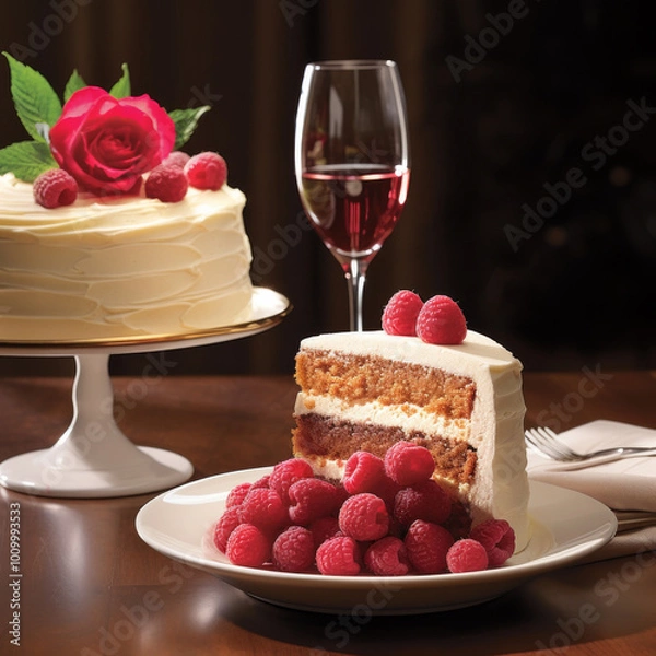 Obraz A moist white cake filled with raspberry preserves is paired with a glass of wine to make the perfect birthday toast.