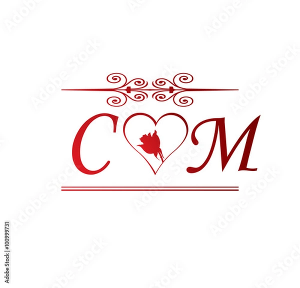 Fototapeta CM love initial with red heart and rose