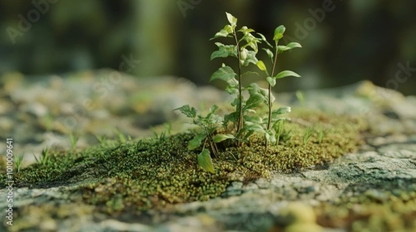 Fototapeta Close-up of Moss and Green Plants on a Stone