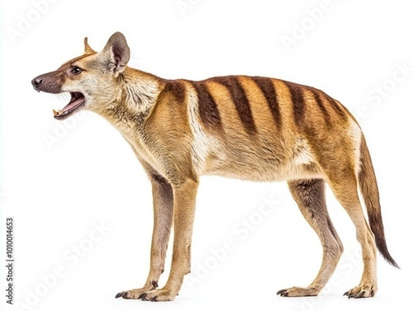 Fototapeta thylacine stands tall, revealing its iconic stripes and slightly open mouth, showcasing its unique features in a pristine setting, a nod to its storied existence.