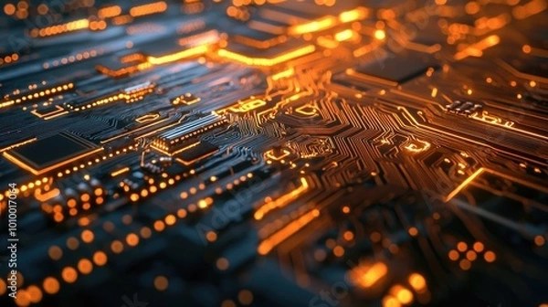 Fototapeta Close-up of Glowing Circuit Board with Intricate Traces