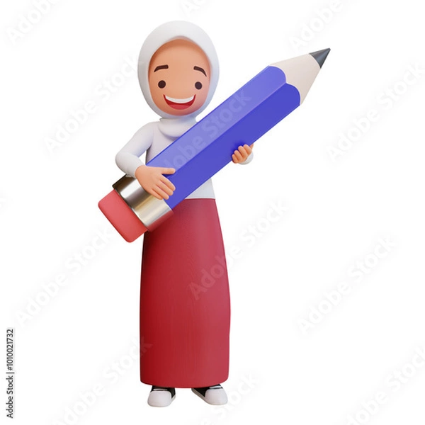 Obraz Cute girls with school uniform holding pencil	