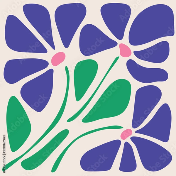 Fototapeta Abstract flowers in matisse style. retro hand drawn illustration. groovy colors