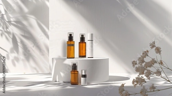 Obraz In the frontal view, four skincare bottles are scattered on a cylinder in an orderly manner, set off by a white background, with delicate light and shadow effects 