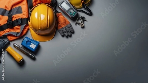 Fototapeta construction helmet with tools and tools on black background