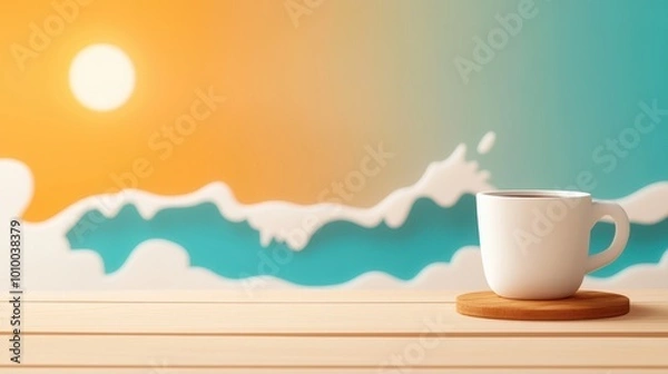 Fototapeta A simple white coffee cup sits on a wooden table against a stunning backdrop of a sunrise with waves, symbolizing tranquility and the start of a new day.
