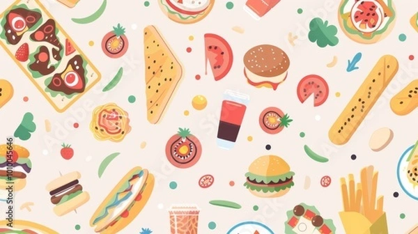 Fototapeta Background pattern image for web page, pop and bright, image of food and drink, various dishes, some fast food, 