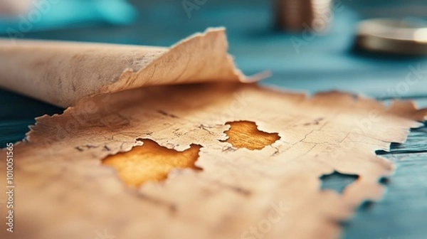 Fototapeta A tattered treasure map, partially unrolled, reveals hidden island shapes, symbolizing exploration and mystery in a pursuit of adventure and lost history.