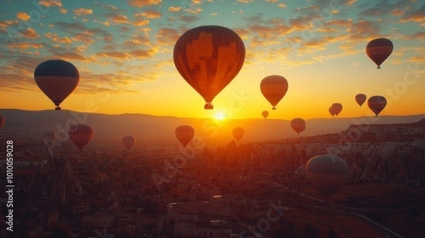 Fototapeta A breathtaking sunrise over a valley with many hot air balloons floating in the sky.