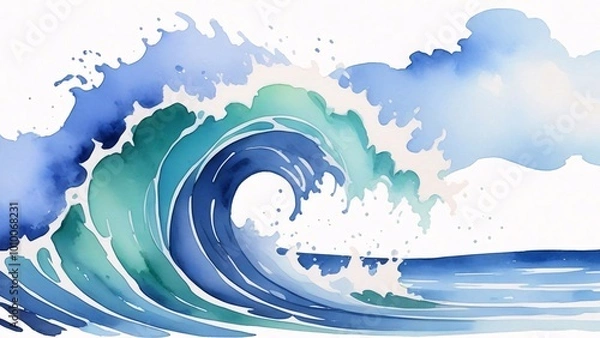 Fototapeta Abstract watercolor painting of a blue and green ocean wave crashing.