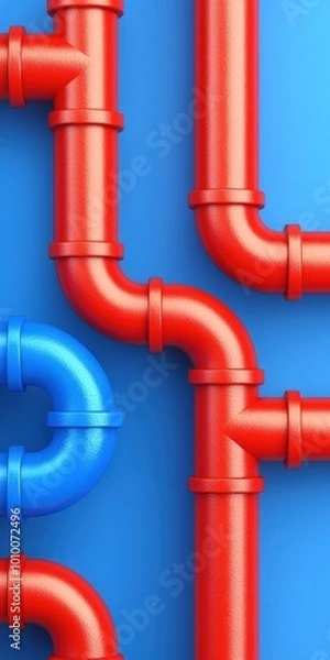 Fototapeta Red and Blue Pipes on Blue Background   Plumbing  Industrial  Abstract  Geometric
