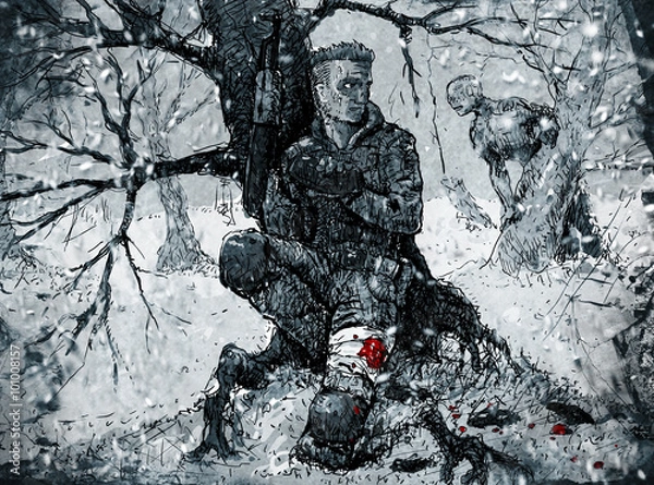 Obraz Soldier hiding in the winter forest