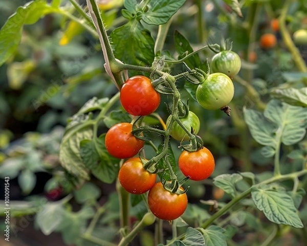 Fototapeta Ripe red tomatoes and unripe green growing vine against a blurred garden background.