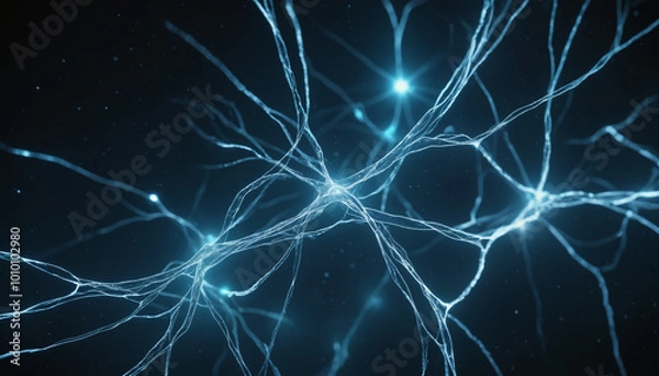 Fototapeta Technology brain, inside a neural network, weights and biases | blue color, shining