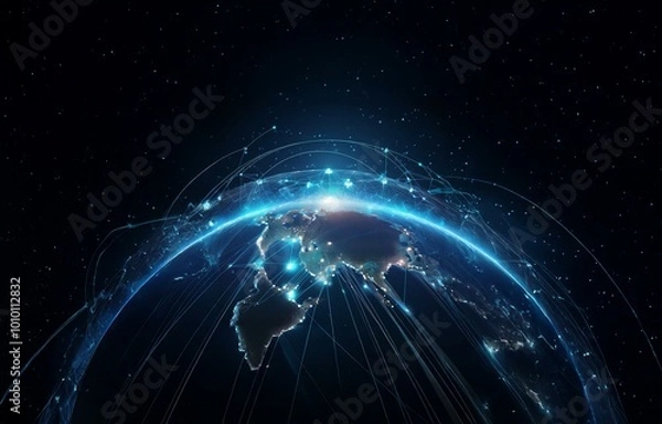 Fototapeta A glowing blue globe with illuminated continents is surrounded by a web of lines, representing a global network.