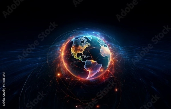 Fototapeta A glowing, digital Earth with continents visible, surrounded by a network of lines and points in blue and red.