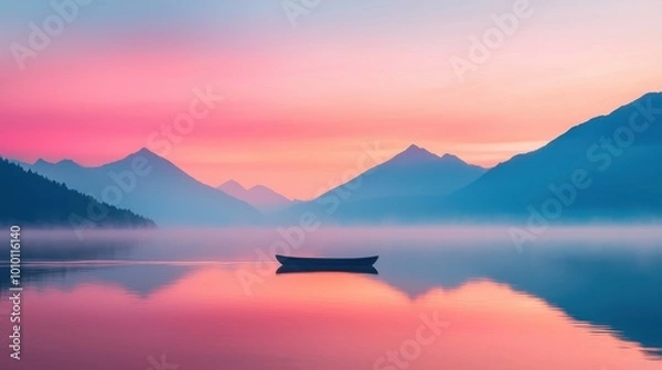 Fototapeta A boat is floating on a lake with mountains in the background