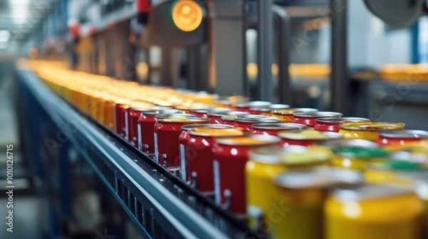 Obraz Vibrant Lineup of Canned Goods in a Factory Production Line
