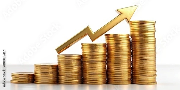 Fototapeta Golden arrow ascends from a meticulously stacked pile of coins, representing steady financial progression, economic growth, and prosperous investment returns.