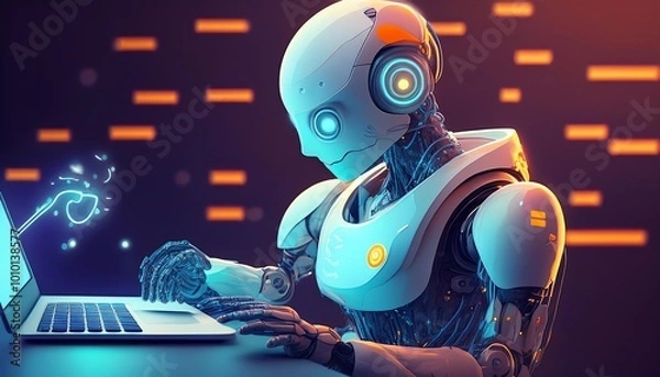 Fototapeta A futuristic robot operates a laptop, illuminated by soft blue light, showcasing advanced technology and artificial intelligence.