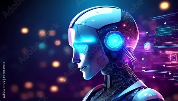 Fototapeta A futuristic robotic head with glowing blue lights, blending innovation and technology against a vibrant, digital backdrop.