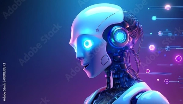 Fototapeta A futuristic robot with glowing features and an intelligent expression, set against a vibrant, digital backdrop.