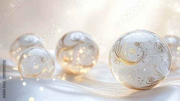 Fototapeta Merry Christmas and Happy New Year background. Realistic 3D design. Abstract Christmas glass transparent decorative white balls with swirling gold patterns. New Year's holiday objects.