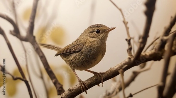 Fototapeta A Small Brown Bird Perched on a Branch