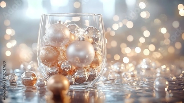 Obraz Merry Christmas and Happy New Year background. Realistic 3D design. Abstract Christmas glass transparent decorative white balls with swirling gold patterns. New Year's holiday objects.