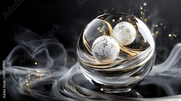 Fototapeta Merry Christmas and Happy New Year background. Realistic 3D design. Abstract Christmas glass transparent decorative white balls with swirling gold patterns. New Year's holiday objects.