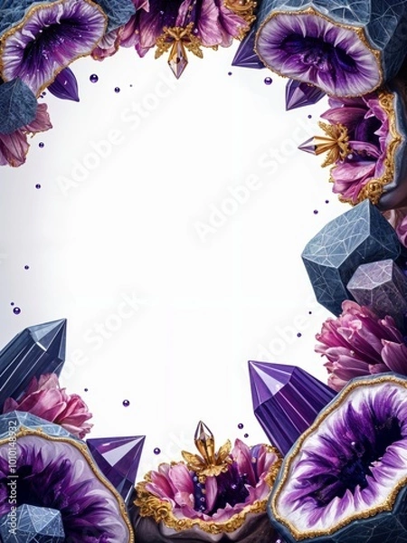 Obraz rare minerals and geodes forming a crystal border, featuring sparkling quartz, amethyst geodes, and detailed mineral patterns with sharp edges