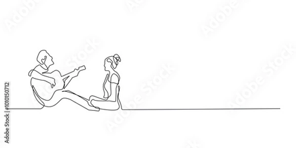 Fototapeta continuous line of man and woman playing guitar.single line of romantic couple.man playing guitar outdoors with lover in one line vector drawing