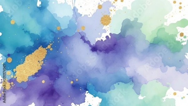 Obraz A vibrant watercolor splash in shades of blue, green, and purple, combined with subtle gold foil accents for a modern, artistic touch.