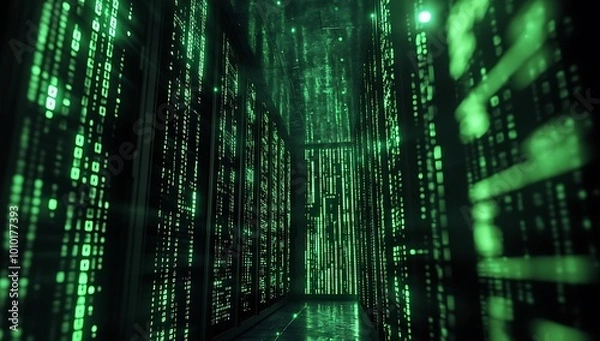 Fototapeta Data Center Computer Racks In Network Security Server Room Cryptocurrency Mining, 3D rendering illustration