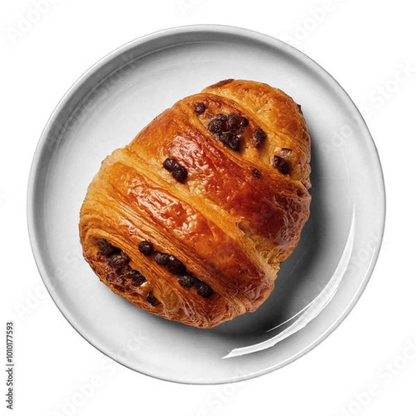 Obraz A pain au chocolat on a white porcelain plate, isolated on white, top view.