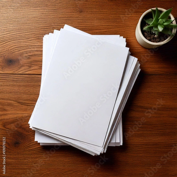 Obraz A stack of letter-sized white paper on an empty wooden desk, Top view