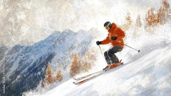 Fototapeta Skier Descending a Snowy Mountain Slope with a Mountain Range in the Background