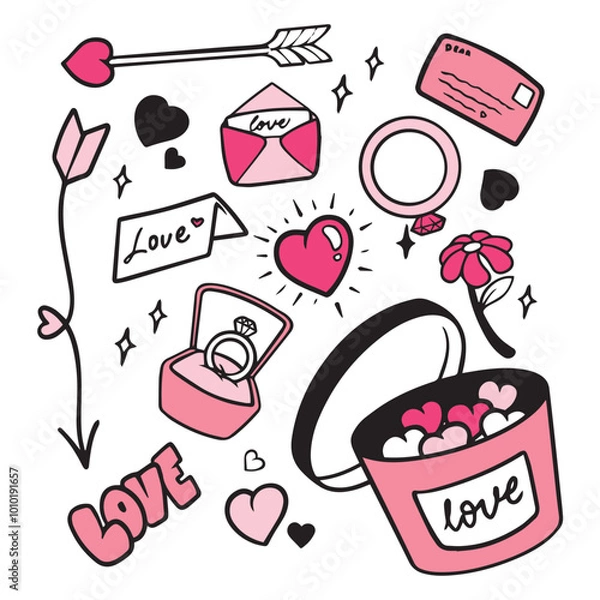 Obraz Valentines day doodle vector set. Hand drawn elements for Valentine's day. Theme of Love doodle illustration set