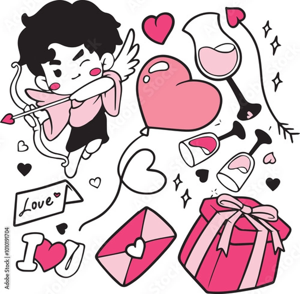 Obraz Valentines day doodle vector set. Hand drawn elements for Valentine's day. Theme of Love doodle illustration set