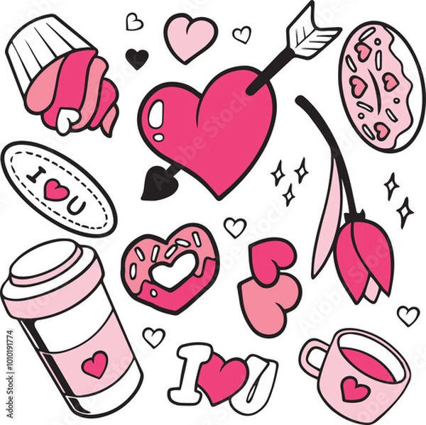 Obraz Valentines day doodle vector set. Hand drawn elements for Valentine's day. Theme of Love doodle illustration set