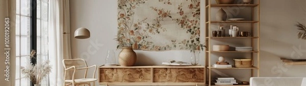 Obraz Interior of light living room with shelf unit and wall tapestry