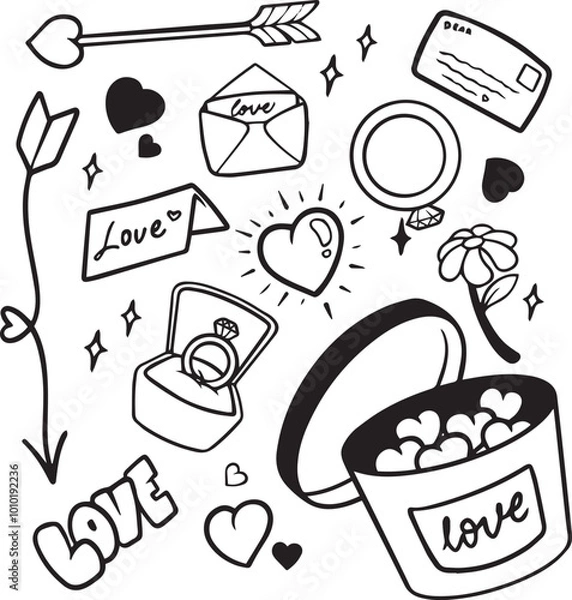 Obraz Valentines day doodle vector set. Hand drawn elements for Valentine's day. Theme of Love doodle illustration set