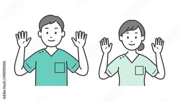 Obraz 両手を上げる歯科医または介護士男女の上半身イラスト
