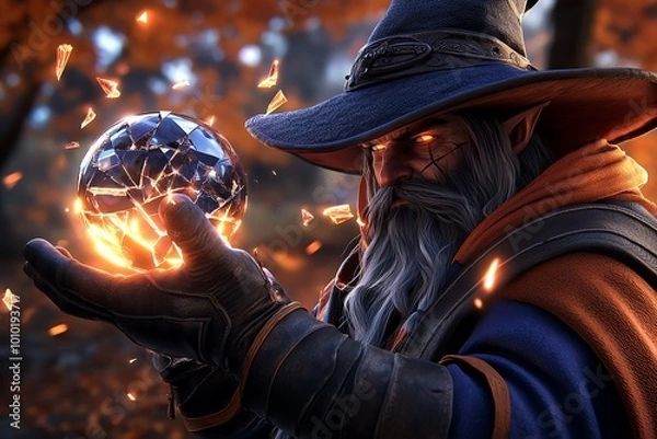 Fototapeta A wizard holding a shattered crystal ball, reflecting on past magical failures, with glowing fragments floating in the air around them