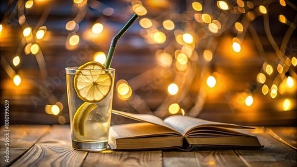 Fototapeta A glass of citrus refreshment with a straw, a book, and a backdrop of soft, warm lights.