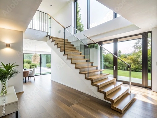 Fototapeta Elegant And Modern Staircase With White Walls And Minimalist Design, Leading To An Open Upper Level With Natural Light Streaming In.