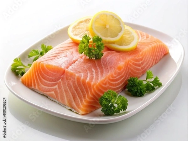 Fototapeta Freshly caught salmon fillet with vibrant pink flesh, arranged on a white plate, garnished with lemon slices and parsley, against a clean background.